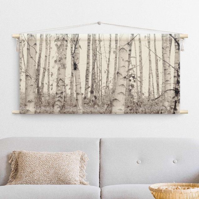 extra large tapestry wall hangings Silver Birch Tree In White Light
