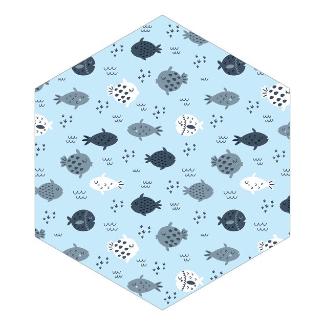 Self-adhesive hexagonal pattern wallpaper - Scandinavian Fish In Pastel Blue