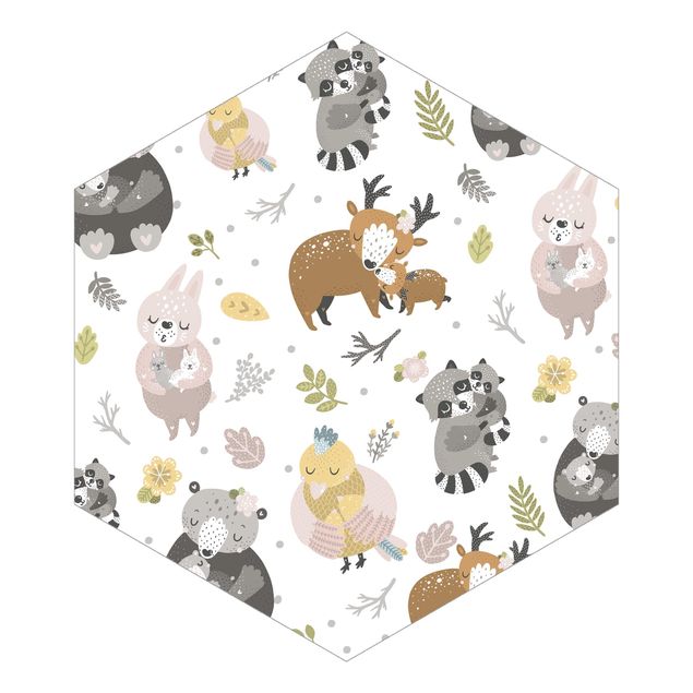 Self-adhesive hexagonal pattern wallpaper - Scandinavian Animal Family Hugging