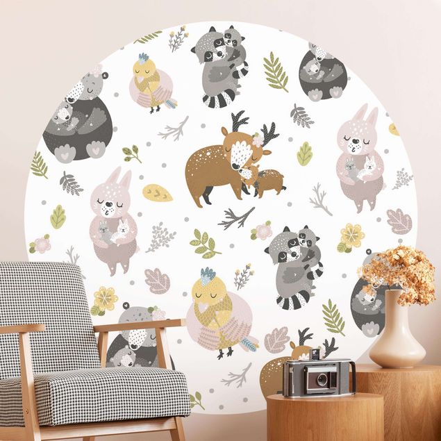 Self-adhesive round wallpaper - Scandinavian Animal Family Hugging
