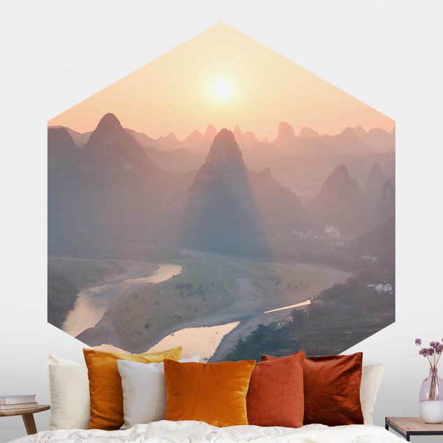 Hexagonal wall mural Sunrise In Mountainous Landscape