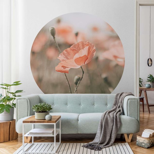 Self-adhesive round wallpaper - Sun-Kissed Poppy Fields