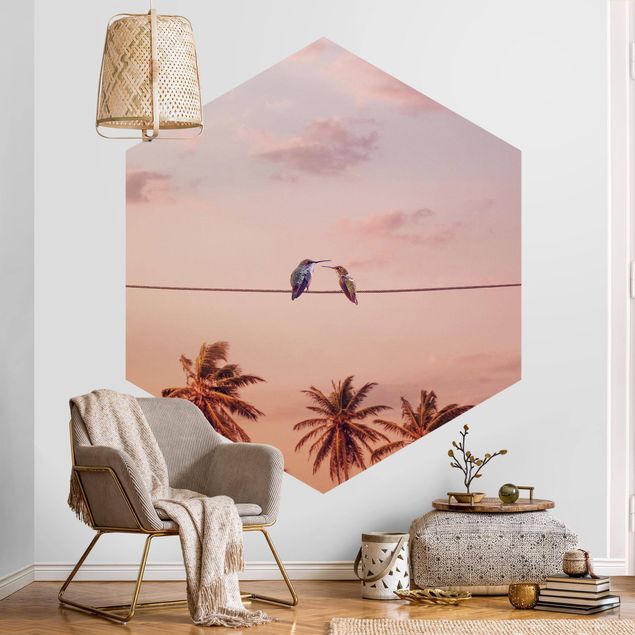 Self-adhesive hexagonal pattern wallpaper - Sunset With Hummingbird