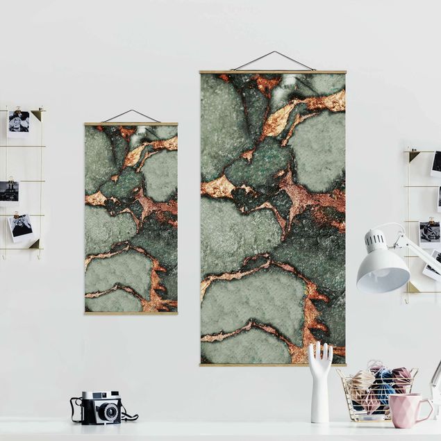Fabric print with poster hangers - Play Of Colours Fern-Green and Gold - Portrait format 1:2