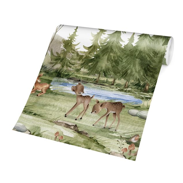 Wallpaper - Playing fawns on the river bank