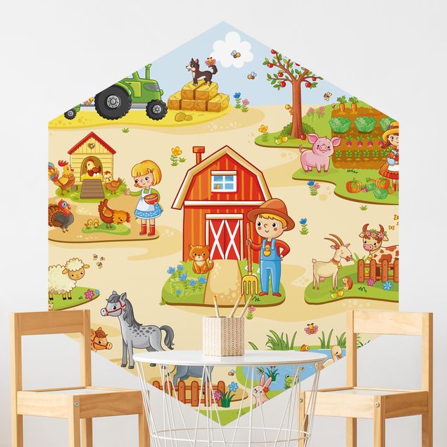 Self-adhesive hexagonal wall mural Playoom Mat Farm - Farm Work Is Fun