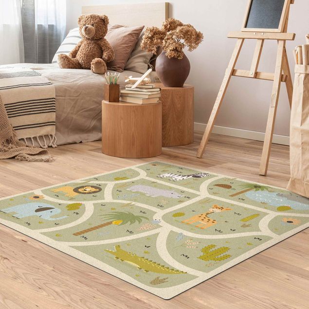 large multi coloured rugs Playoom Mat Safari - So Many Different Animals