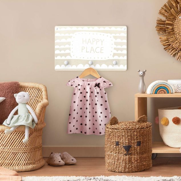 Coat rack for children - Text Happy Place In Band Of Clouds White