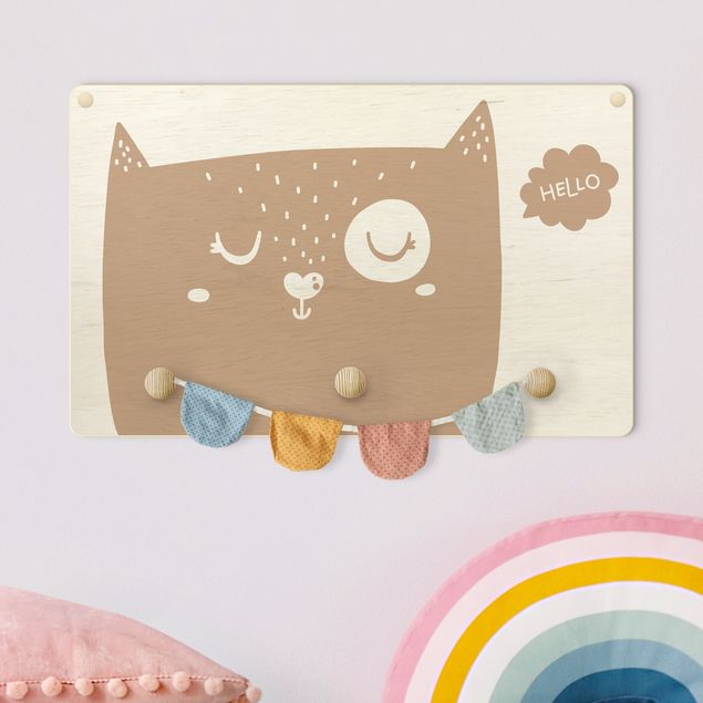 Coat rack for children - Text Hello Cat Face Natural