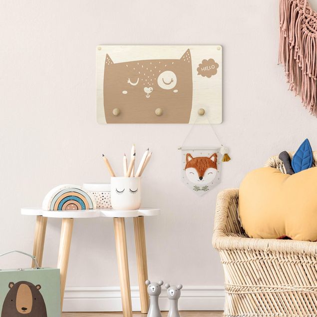 Coat rack for children - Text Hello Cat Face Natural
