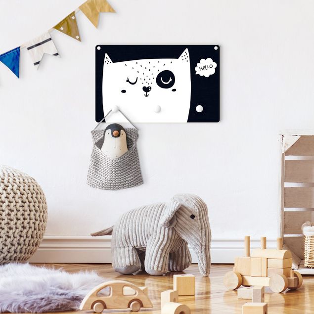 Coat rack for children - Text Hello Cat Face Black And White