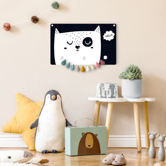 Coat rack for children - Text Hello Cat Face Black And White