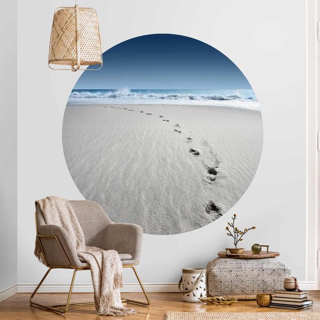 Self-adhesive round wallpaper beach - Traces In The Sand