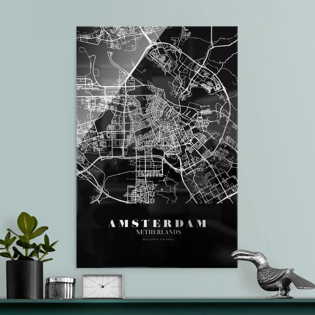 Glass print - Amsterdam City Map - Classic Black - Portrait format