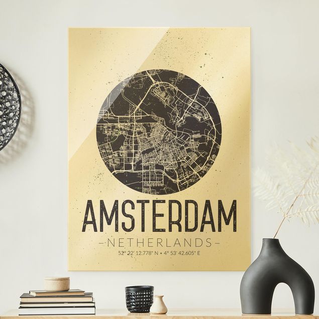 Glas Magnetboard Amsterdam City Map - Retro