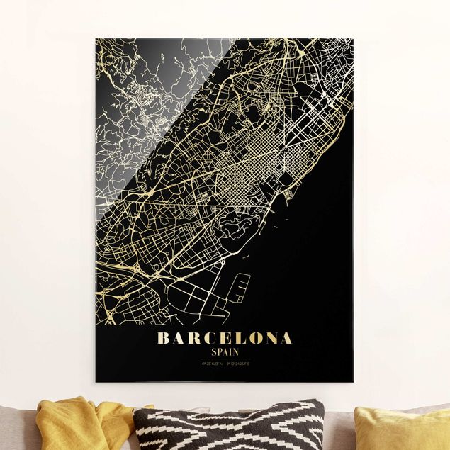 Glass print - Barcelona City Map - Classic Black - Portrait format