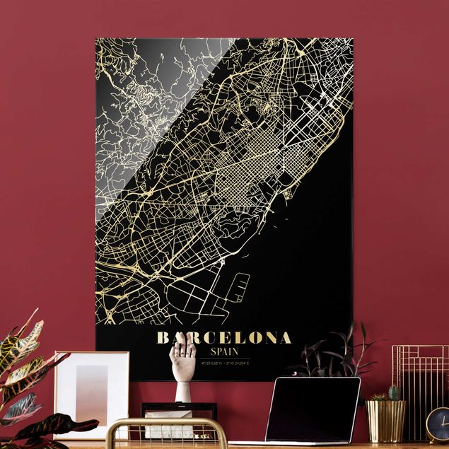 Glass print - Barcelona City Map - Classic Black - Portrait format