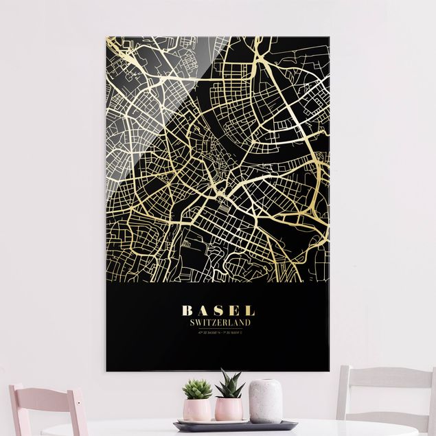 Glas Magnettafel Basel City Map - Classic Black