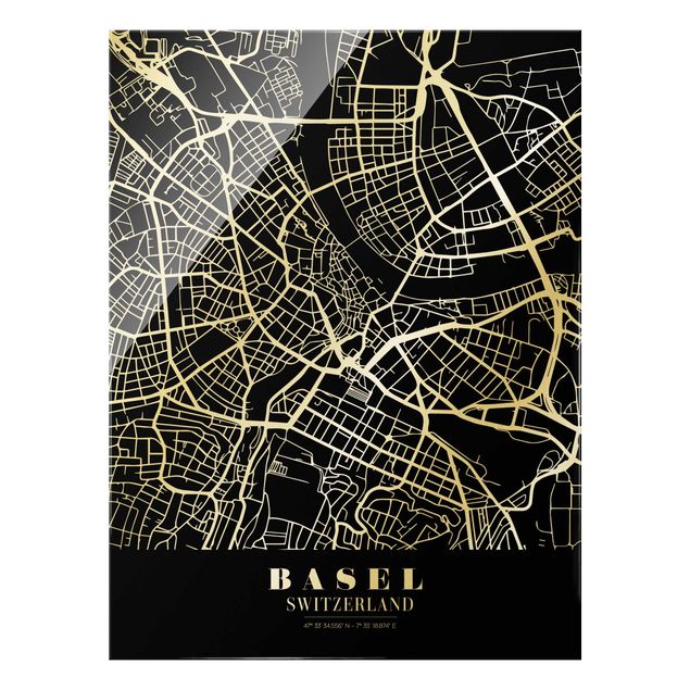 Glass print - Basel City Map - Classic Black - Portrait format