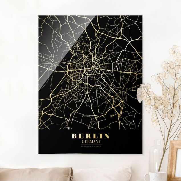 Glass print - Berlin City Map - Classic Black - Portrait format