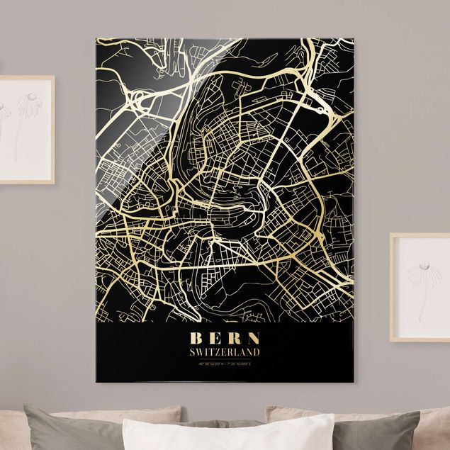 Glass print - Bern City Map - Classic Black - Portrait format