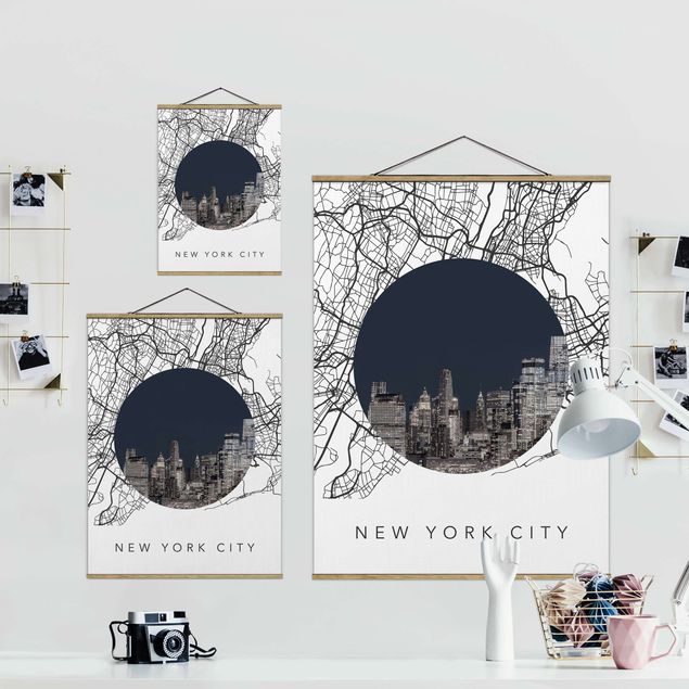 Fabric print with poster hangers - Map Collage New York City - Portrait format 3:4