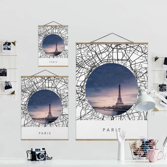 Fabric print with poster hangers - Map Collage Paris - Portrait format 3:4