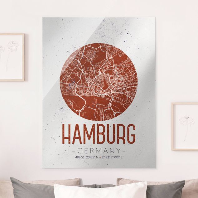 Glas Magnettafel Hamburg City Map - Retro