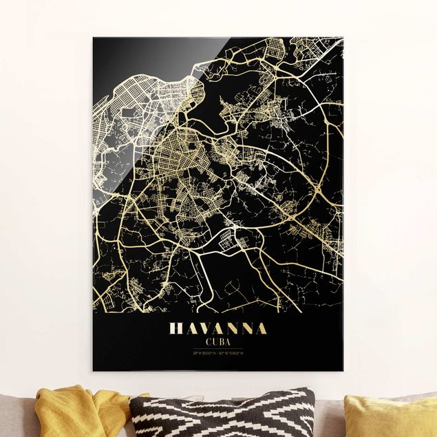 Glass print - Havana City Map - Classic Black - Portrait format