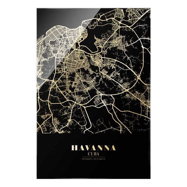 Glass print - Havana City Map - Classic Black - Portrait format
