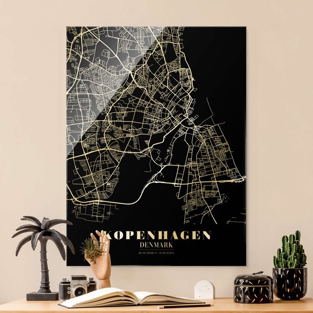 Glass print - Copenhagen City Map - Classic Black - Portrait format