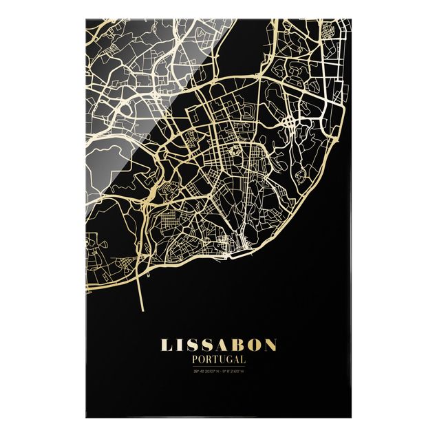 Glass print - Lisbon City Map - Classic Black - Portrait format