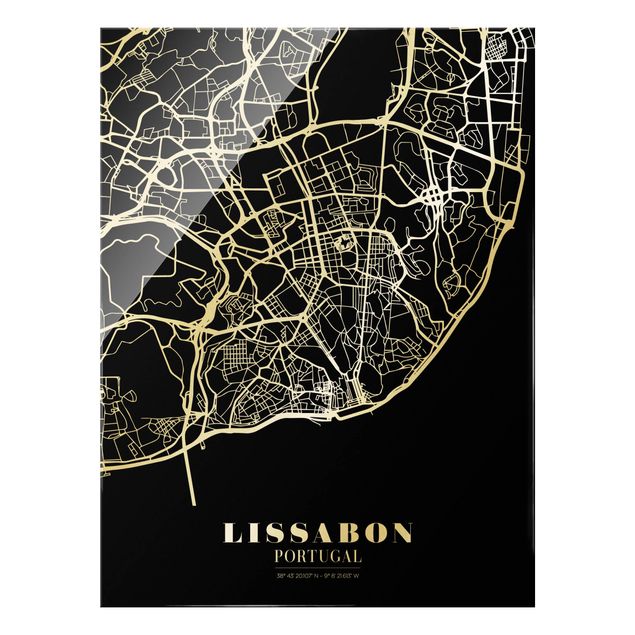 Glass print - Lisbon City Map - Classic Black - Portrait format