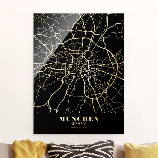 Glass print - Munich City Map - Classic Black - Portrait format