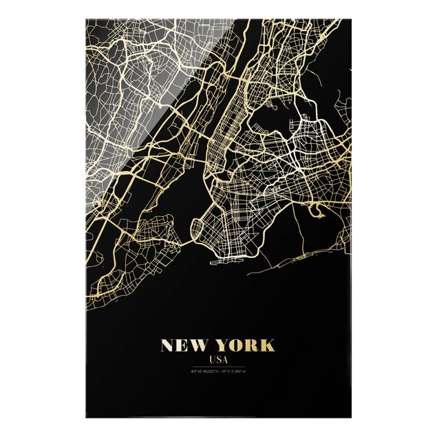Glass print - New York City Map - Classic Black - Portrait format