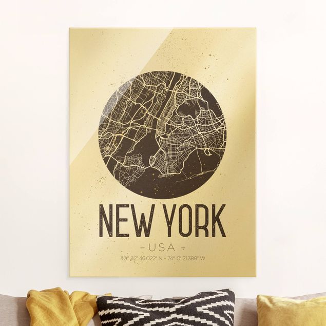 Magnettafel Glas New York City Map - Retro