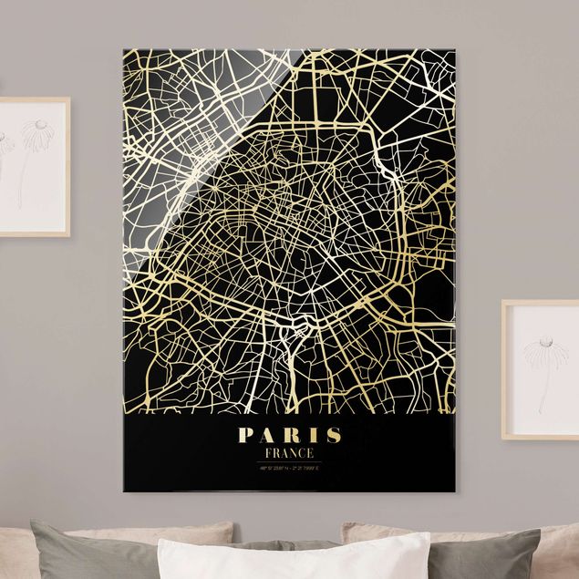 Glass print - Paris City Map - Classic Black - Portrait format