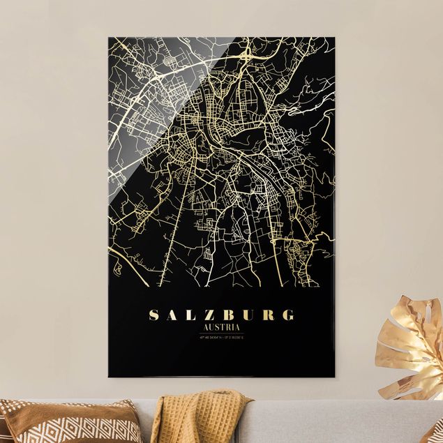 Glass print - Salzburg City Map - Classic Black - Portrait format