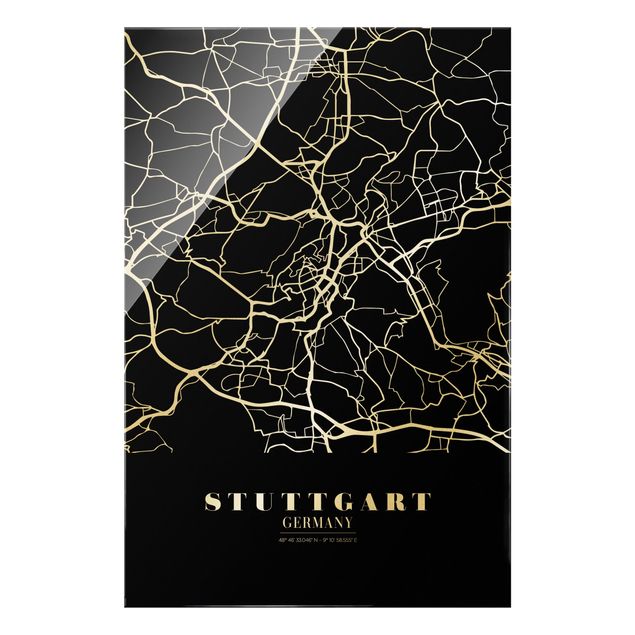 Glass print - Stuttgart City Map - Classic Black - Portrait format