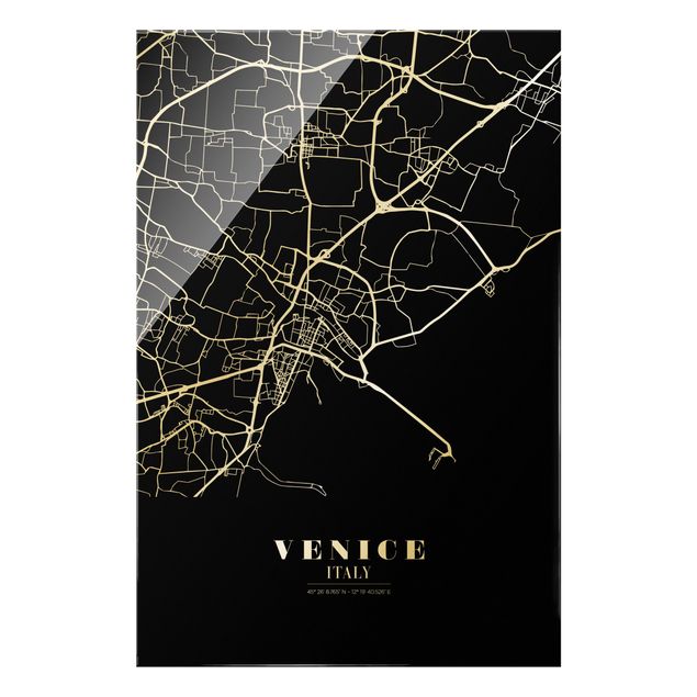 Glass print - Venice City Map - Classic Black - Portrait format
