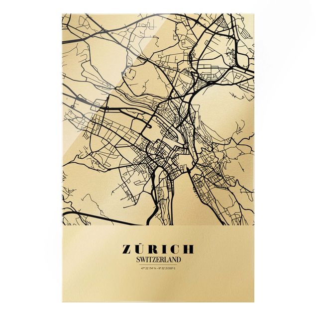 Glass print - Zurich City Map - Classic - Portrait format