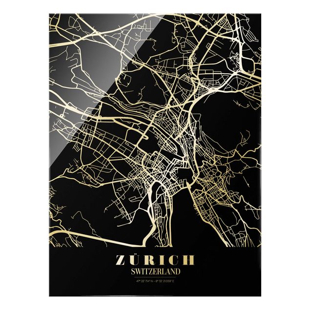 Glass print - Zurich City Map - Classic Black - Portrait format