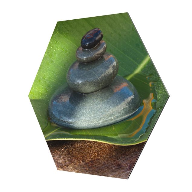 Alu-Dibond hexagon - Stone Tower On Green Leaf