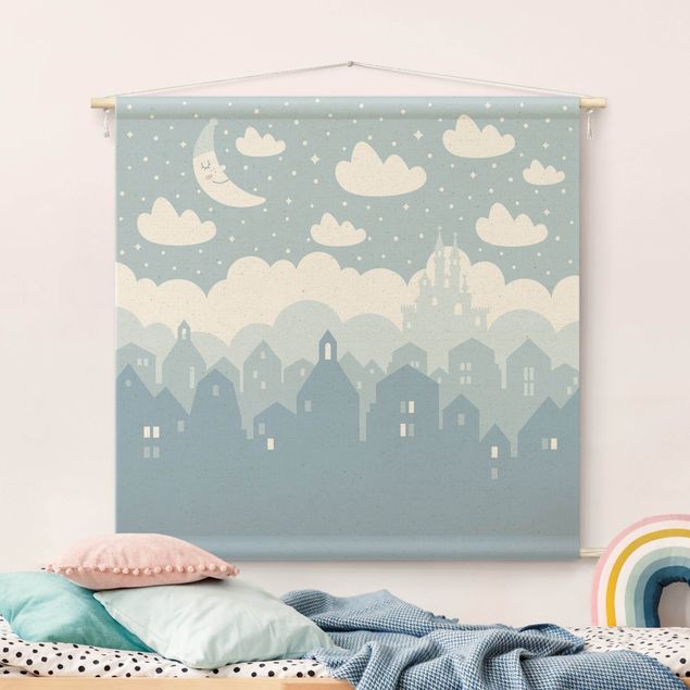 modern tapestry wall hanging Starry Sky With Houses And Moon In Blue