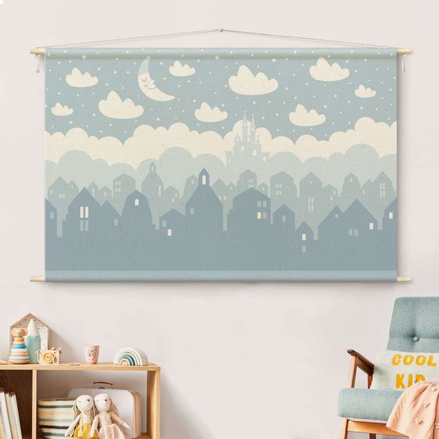 modern tapestry wall hanging Starry Sky With Houses And Moon In Blue