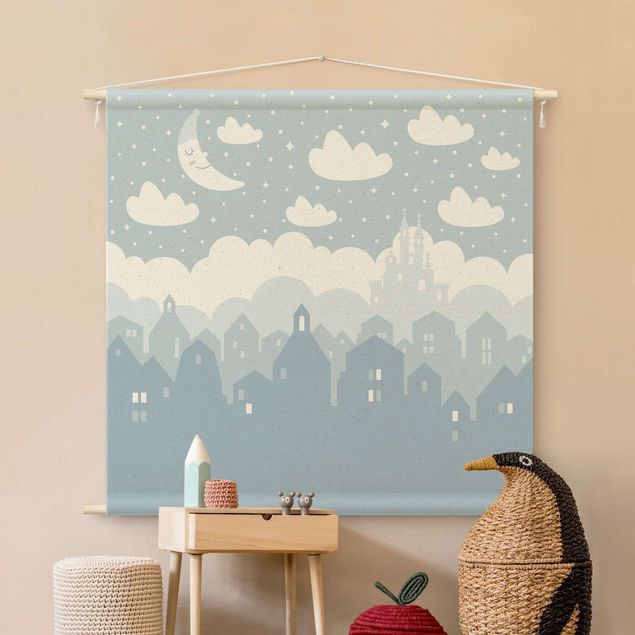 tapestry wall hanging Starry Sky With Houses And Moon In Blue