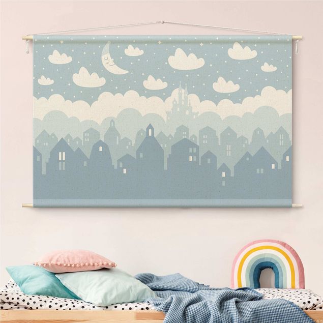 tapestry wall hanging Starry Sky With Houses And Moon In Blue