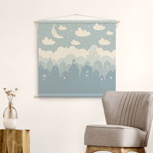 cloth wall hanging Starry Sky With Houses And Moon In Blue