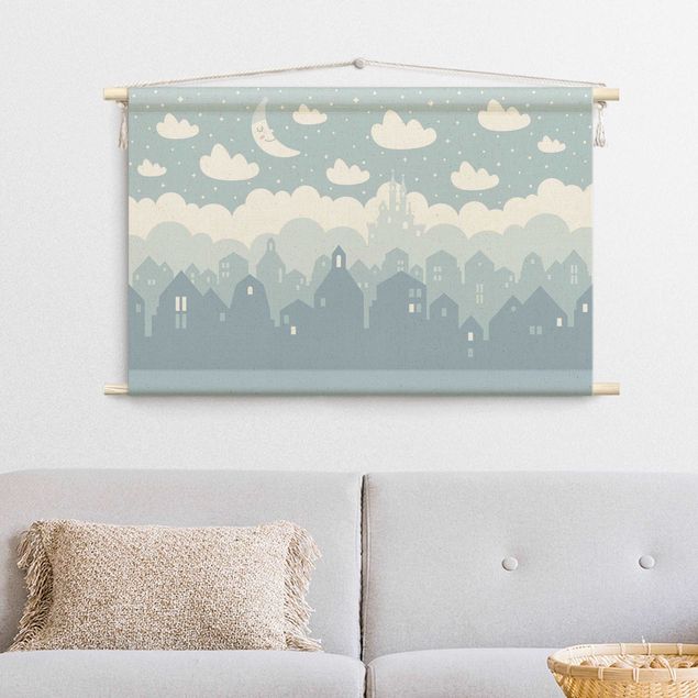 cloth wall hanging Starry Sky With Houses And Moon In Blue