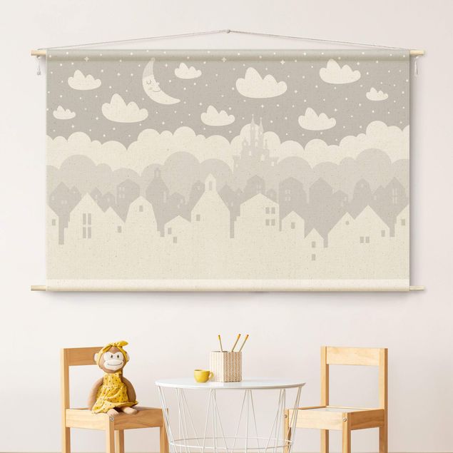 modern wall tapestry Starry Sky With Houses And Moon In Grey